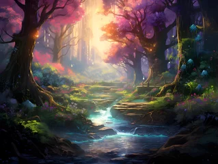 Foto op Plexiglas Digital painting of a river flowing through a forest in a fantasy landscape © Iman