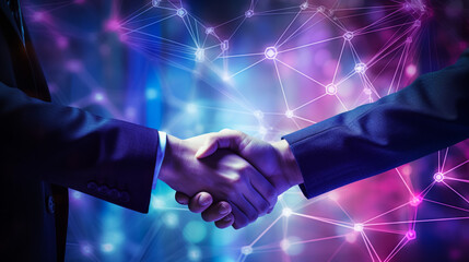 close up hand of young Arabian man in white suit handshake after finishing up meeting with graphic network diagram, partnership, teamwork, technology, connection, financial and investment concept