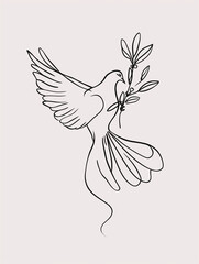 Beautiful stylized sketch drawing of a dove symbol of peace holding a twig of olive tree illustration, simple hand-drawn stylized black line design on white or transparent background, nice tattoo 