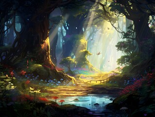 Illustration of a fantasy forest landscape with a lake and trees.