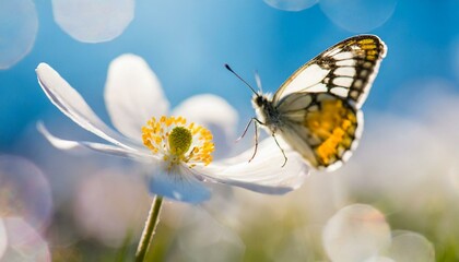 Detail with shallow focus of white anemone flower with yellow stamens and butterfly in nature macro on background of blue sky