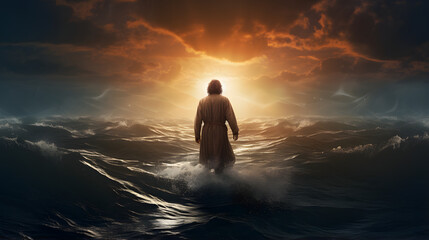 christ walking in the ocean while a boat is walking by