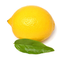 One lemon macro with leaves isolated on white background