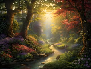 Beautiful fantasy landscape with a river flowing through the forest in the morning