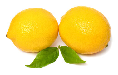 Two lemon with leaves isolated on white background
