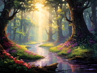 Fantasy forest with a lake, trees and flowers. Digital painting.