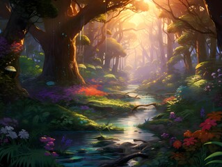 Beautiful fantasy landscape of a fantasy forest with a river and trees