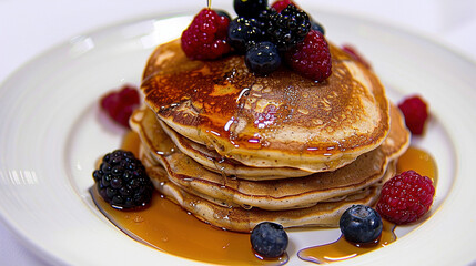 Delicious Stack of Pancakes with Syrup and Berries