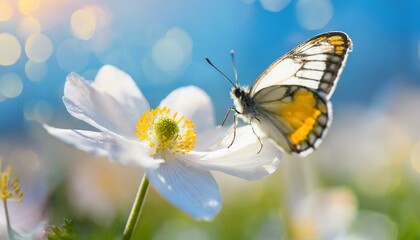 Detail with shallow focus of white anemone flower with yellow stamens and butterfly in nature macro on background of blue sky 