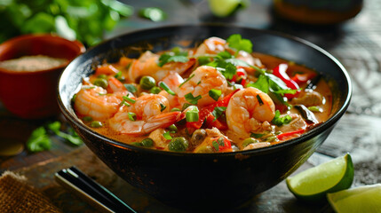 A black bowl filled with cooked shrimp and assorted colorful vegetables.