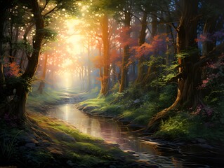 Beautiful fantasy landscape with a river and trees in a foggy forest