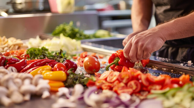A person is seen cutting vegetables on a wooden cutting board.