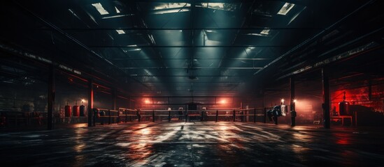 boxing ring in a dark arena with red lights - obrazy, fototapety, plakaty