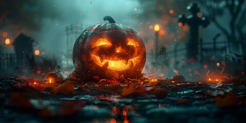 Eerie Halloween Scene: Moon, Pumpkins, Trees, Graveyard, Ghosts, and Spooky Atmosphere. Concept Halloween Photoshoot, Moonlit Setting, Pumpkin Patch, Haunted Trees, Ghostly Figures - obrazy, fototapety, plakaty