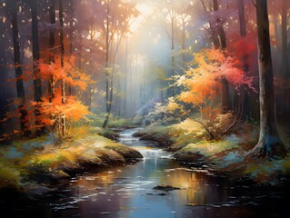 Autumn forest and river, panoramic view. Colorful autumn forest landscape.