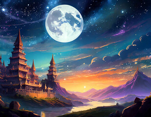ゲーム背景幻想的風景夜空と夜明けを迎える満月の城 - obrazy, fototapety, plakaty