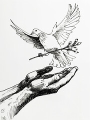 Dove symbol of peace, freedom, love and fraternity flying over open hands outstretched, palms up, drawing of a bird holding a branch of olive tree, symbolic design sketch isolated on white background