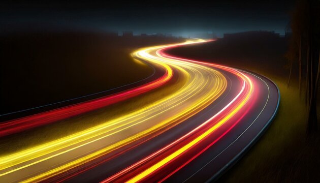 Road light. Curve streak trail line. Fast speed car. Long yellow and red way effect. Glowing street exposure. Blurred motion. Sparkling flow.