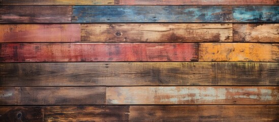 Detailed view of a wooden wall showing a variety of colors such as beige, brown, red, and green,...