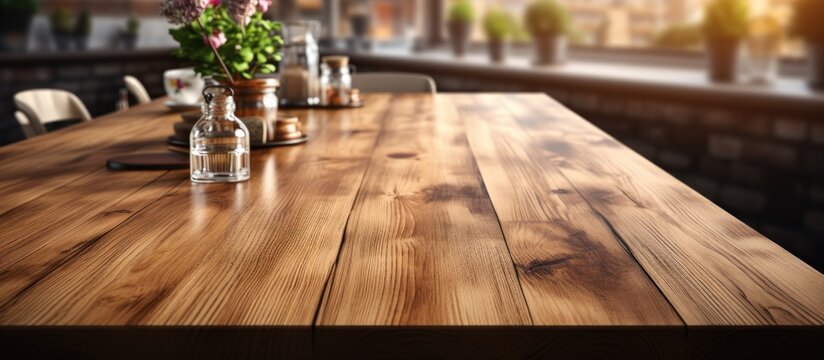 Empty wooden table with kitchen in background generate by ai
