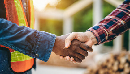 Homeowner and contractor shaking hands at construction site, symbolizing trust and partnership in home building