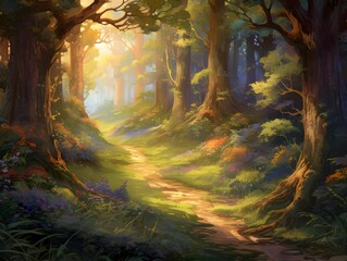 Digital painting of a path in a forest with sunbeams passing through