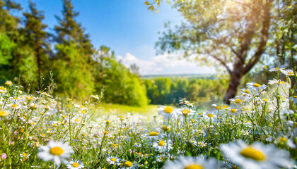 Beautiful blurred spring background nature with blooming glade chamomile, trees and blue sky on a sunny day. - obrazy, fototapety, plakaty