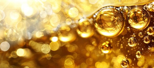 Elegant golden liquid with oil bubbles and droplets forming a captivating and luxurious background