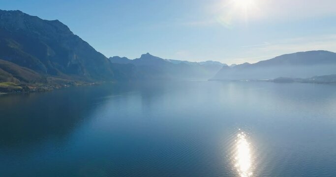 Aerial view landscape of Lake Traunsee in the Austrian Alps. Beautiful mountain peaks and ridges, reservoirs, nature.