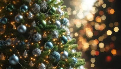 Twinkling Lights and Ornaments Adorn Festive Christmas Tree - obrazy, fototapety, plakaty