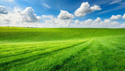 Fototapeta premium Beautiful natural scenic panorama green field of cut grass into and blue sky with clouds on horizon. Perfect green lawn on summer sunny day.