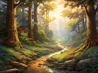 Digital painting of a river flowing through a forest with a beautiful sunset