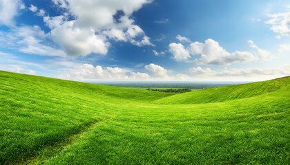 Beautiful natural scenic panorama green field of cut grass into and blue sky with clouds on horizon. Perfect green lawn on summer sunny day.  - obrazy, fototapety, plakaty