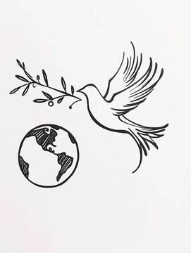 Beautiful dove symbol of peace with planet Earth, the bird is holding a twig of olive tree, prayer, hope for mankind, simple hand-made stylized black line drawing on white or transparent background