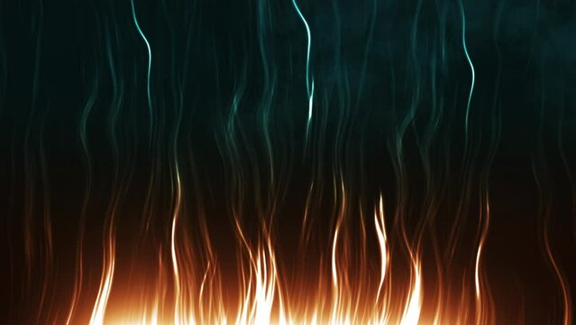 Abstract teal and orange flames on black background. suitable for inserting text or logo.blue and orange modern minimal geometric animated background.detailed flames and slow elegant motion.