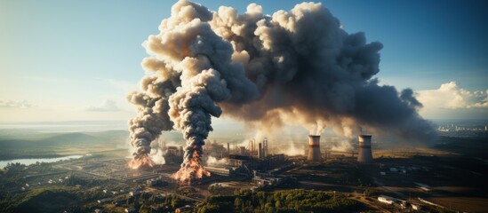 large cloud of smoke rising from a power plant - obrazy, fototapety, plakaty