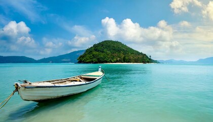Obraz premium Boat in turquoise ocean water against blue sky with white clouds and tropical island. Natural landscape for summer vacation, panoramic view