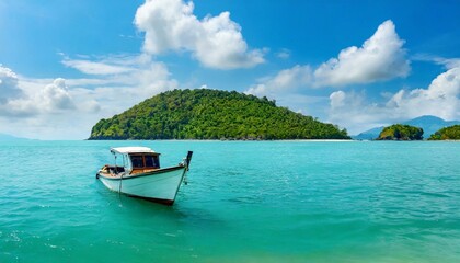 Boat in turquoise ocean water against blue sky with white clouds and tropical island. Natural landscape for summer vacation, panoramic view. 