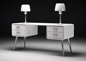 3D rendering of a minimalist desk with two lamps on it in an art deco style