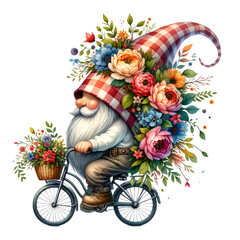 Obraz na płótnie Canvas Wild Floral Crown gnome rides a bike with a hat covering his face isolated and cut-out on white background Clipart