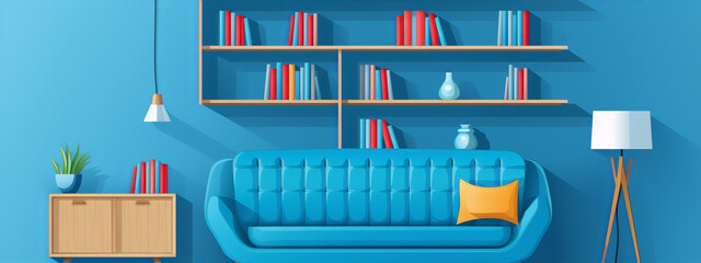 Digital art of a blue living room interior in a flat design style with a blue sofa, a wooden cabinet, a floor lamp, a potted plant, bookshelves, and a vase.