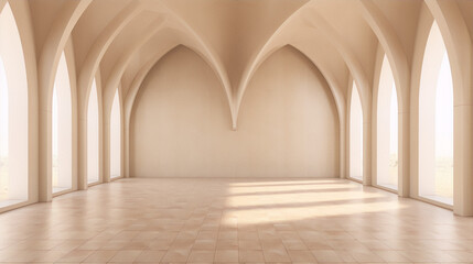 Large empty beige hall with high arched windows and tiled floor in minimalist style - obrazy, fototapety, plakaty