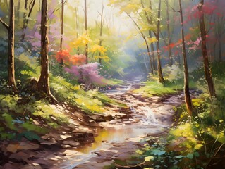 Beautiful autumn landscape with a small river in the forest on a sunny day
