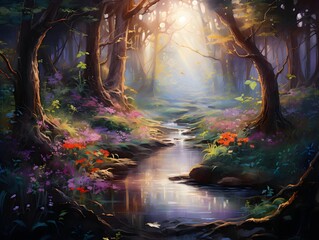 Digital painting of a fantasy forest with a stream in the foreground.