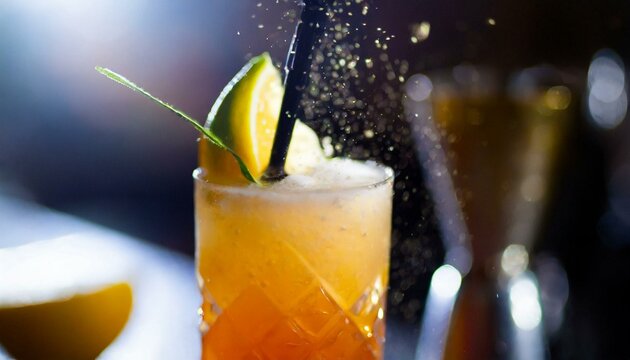 Fresh soft cocktail in a bar slashing, close-up 
