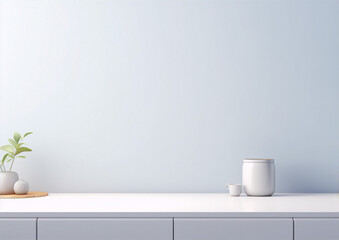 Fototapeta premium 3D rendering of a minimalist kitchen counter with a vase, a plant, and a ceramic jar with a lid in a blue background
