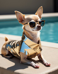Fashionable Chihuahua Poolside Glamour: A Foil Stamped Masterpiece | A Chihuahua dressed in a trendy, metallic outfit is captured sunning by a pool, exuding a sense of style and sophistication. T