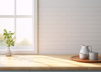 Fototapeta na wymiar Digital art of a bright and airy kitchen counter with a vase of basil, a wooden tray with a ceramic jug and cup, and a large window in the background in a minimalist style.
