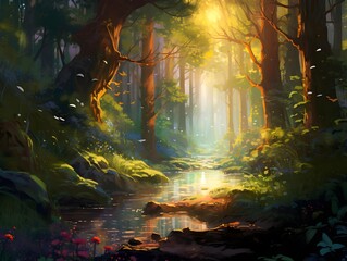 Digital painting of a river flowing through a forest at sunset, fantasy landscape