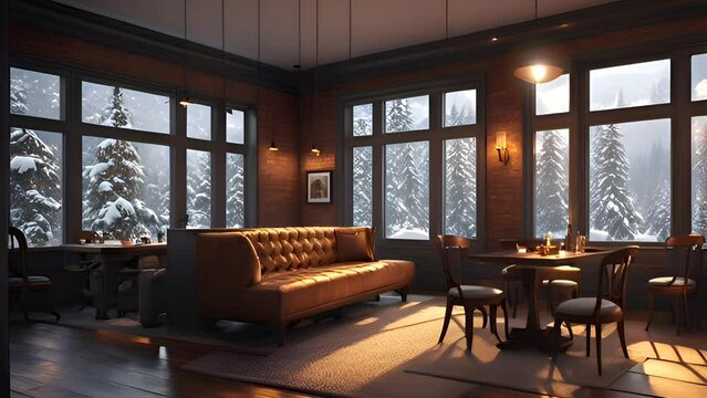 Luxurious living room interior with stylish furniture and elegant design, illuminated by winter light. Seamless looping 4k timelapse virtual video animation background generated AI
